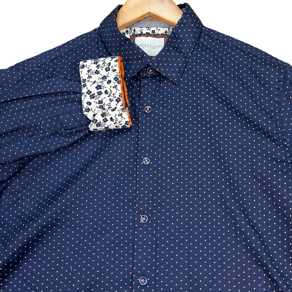Denim & Flower Button Down Shirt Mens Large Navy Polka Dot Flip Cuff Ricky Singh
